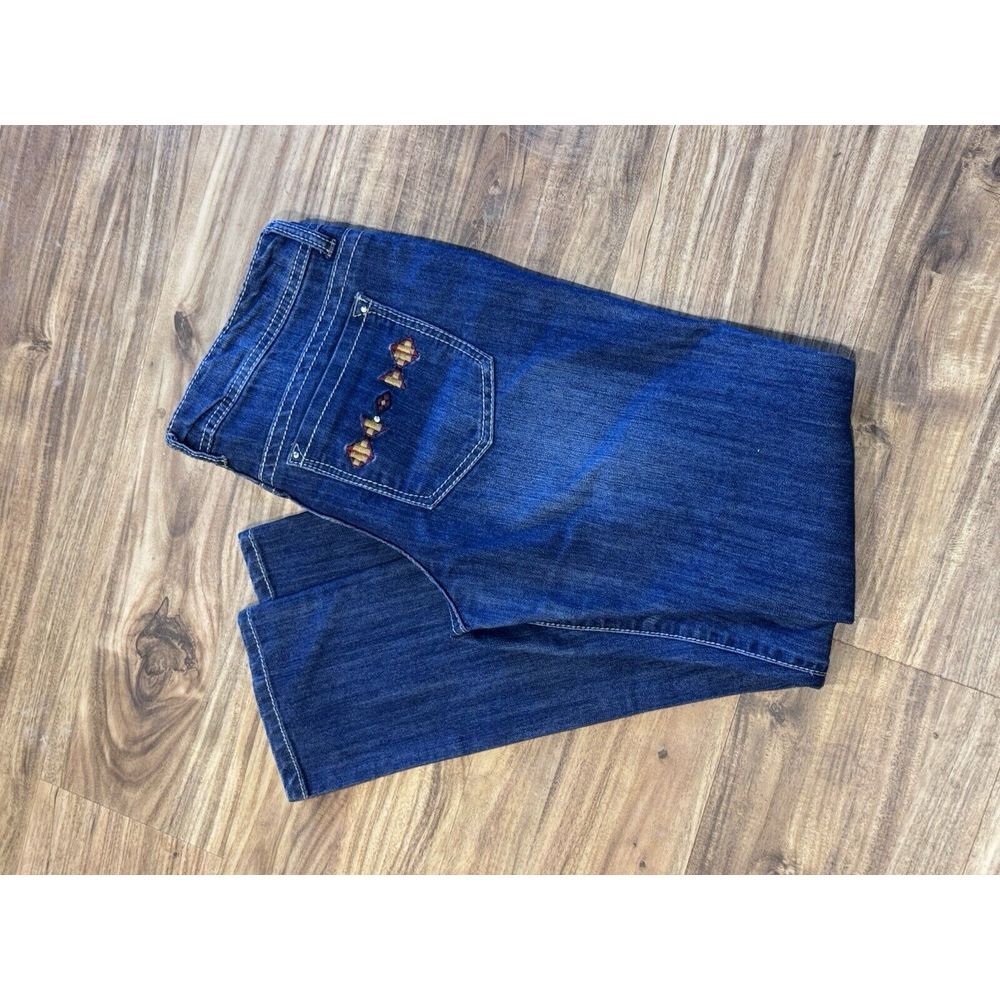 Mudd Low Rise Straight Blue Jeans Women's Size 9 Ripped Embroidered Aztec Desert - Picture 2 of 7
